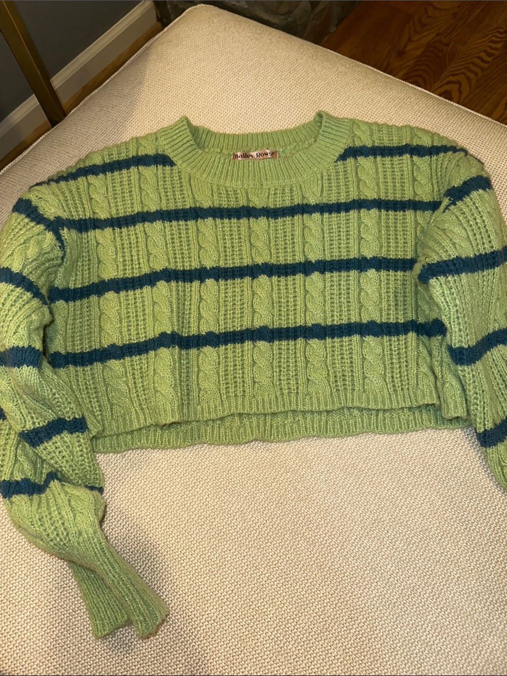 Cropped Cable-Knit Sweater in Lime Green with Teal Stripes
